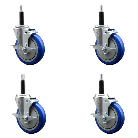 Service Caster 5'' Blue Poly Swivel 3/4'' Expanding Stem Caster Set with Brake, 4PK SCC-EX20S514-PPUB-BLUE-TLB-34-4